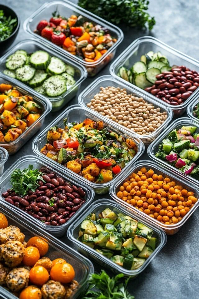 Meal prep vegetariano colorato con verdure fresche