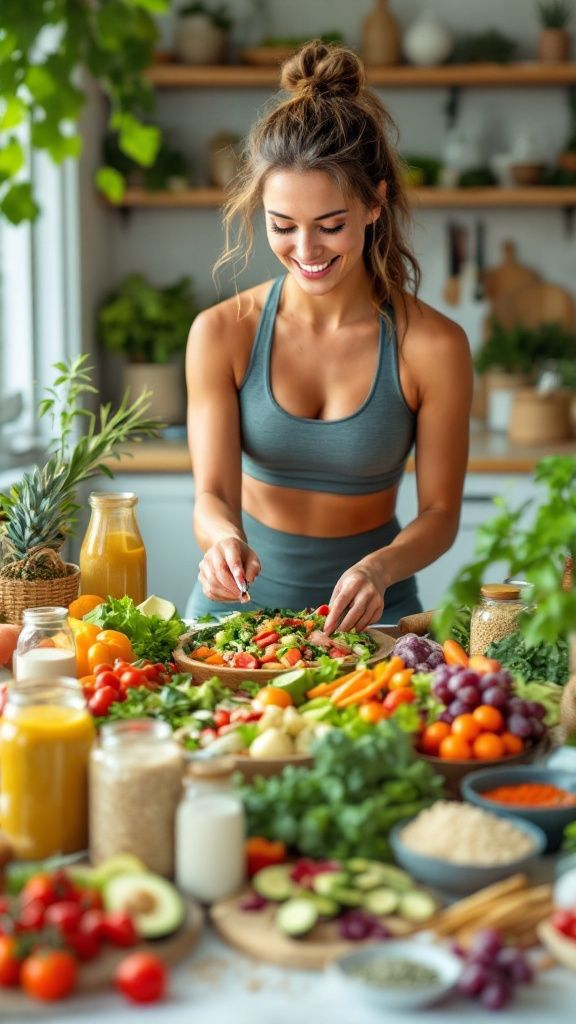 Donna che prepara insalata fresca in cucina luminosa