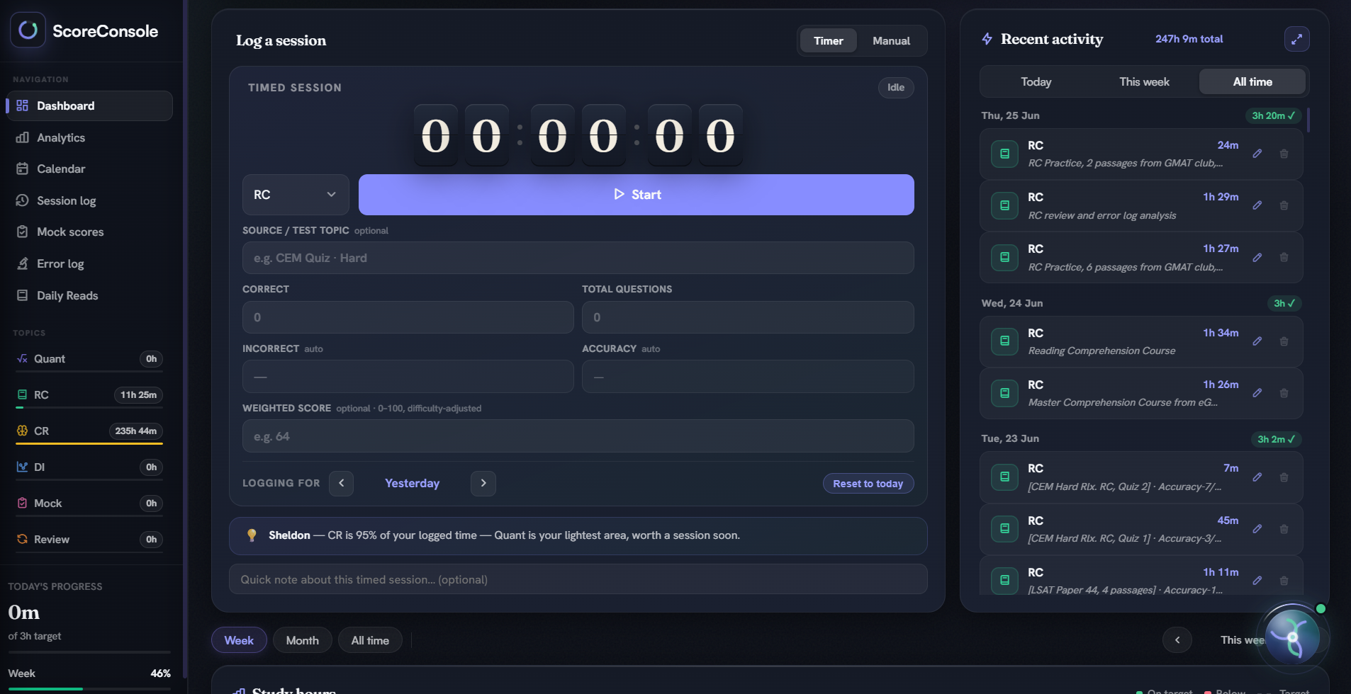 Log a session — timer, topic tagging and recent activity