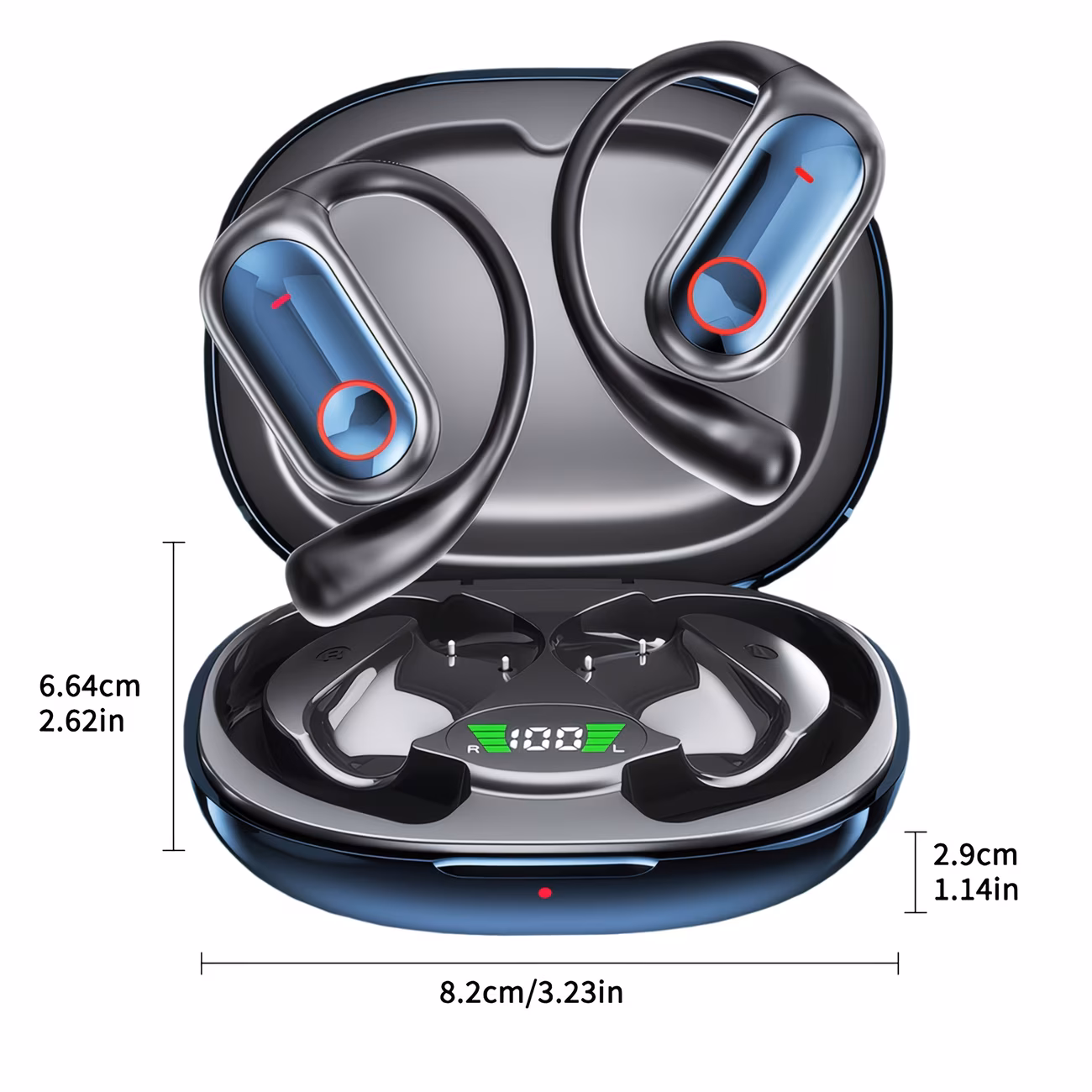Spanish translator earbuds — case dimensions and battery indicator