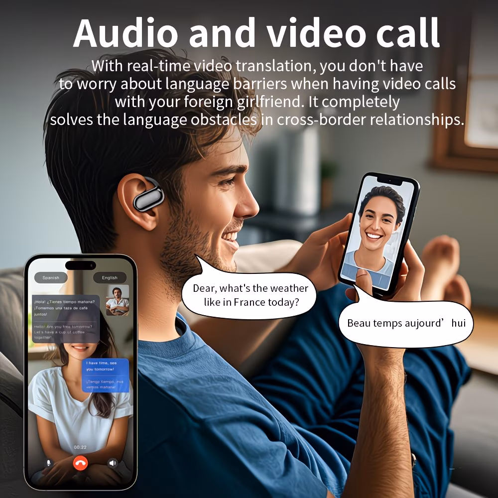 Translator earbuds in use during a real-time Spanish video call