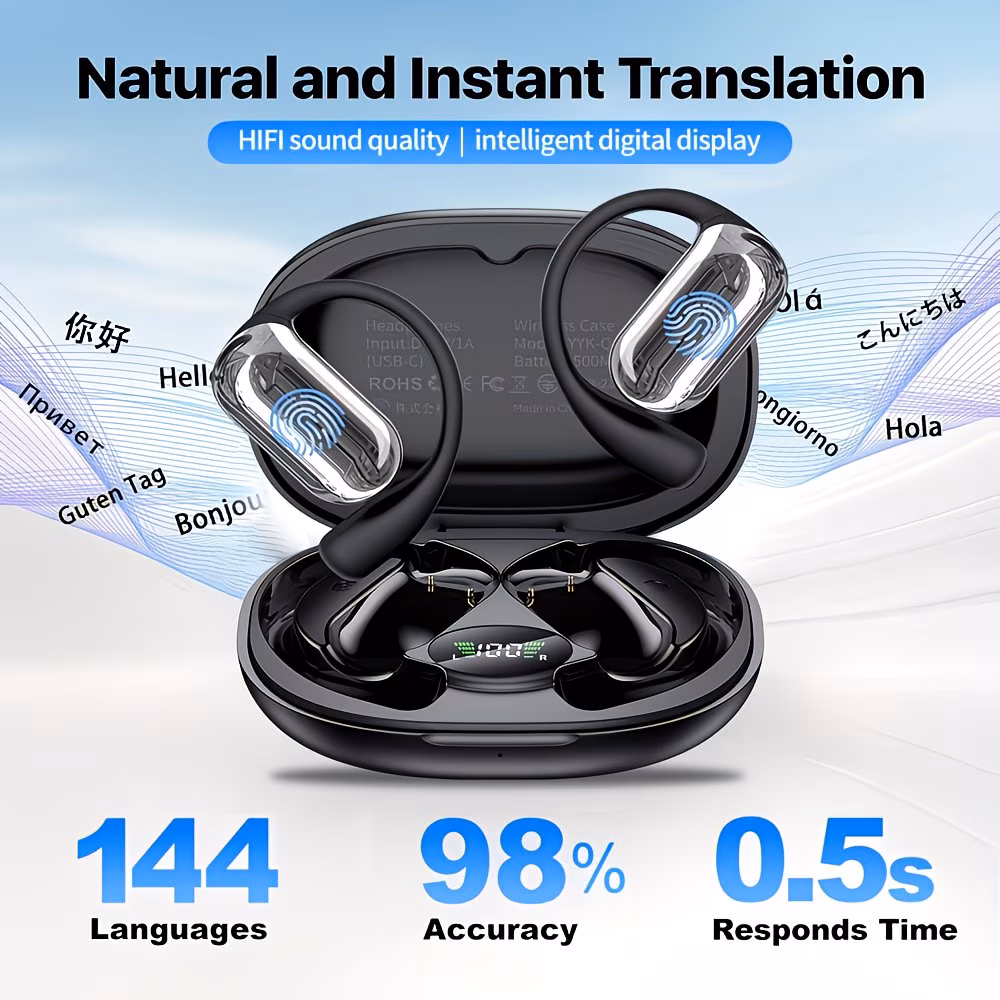 144 languages, 98% accuracy, 0.5s response time — translator earbuds spec card