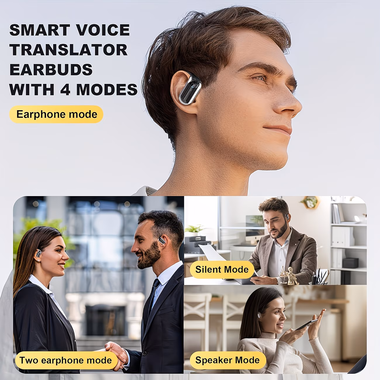 Smart voice translator earbuds — 4 modes: earphone, two-earphone, silent, speaker