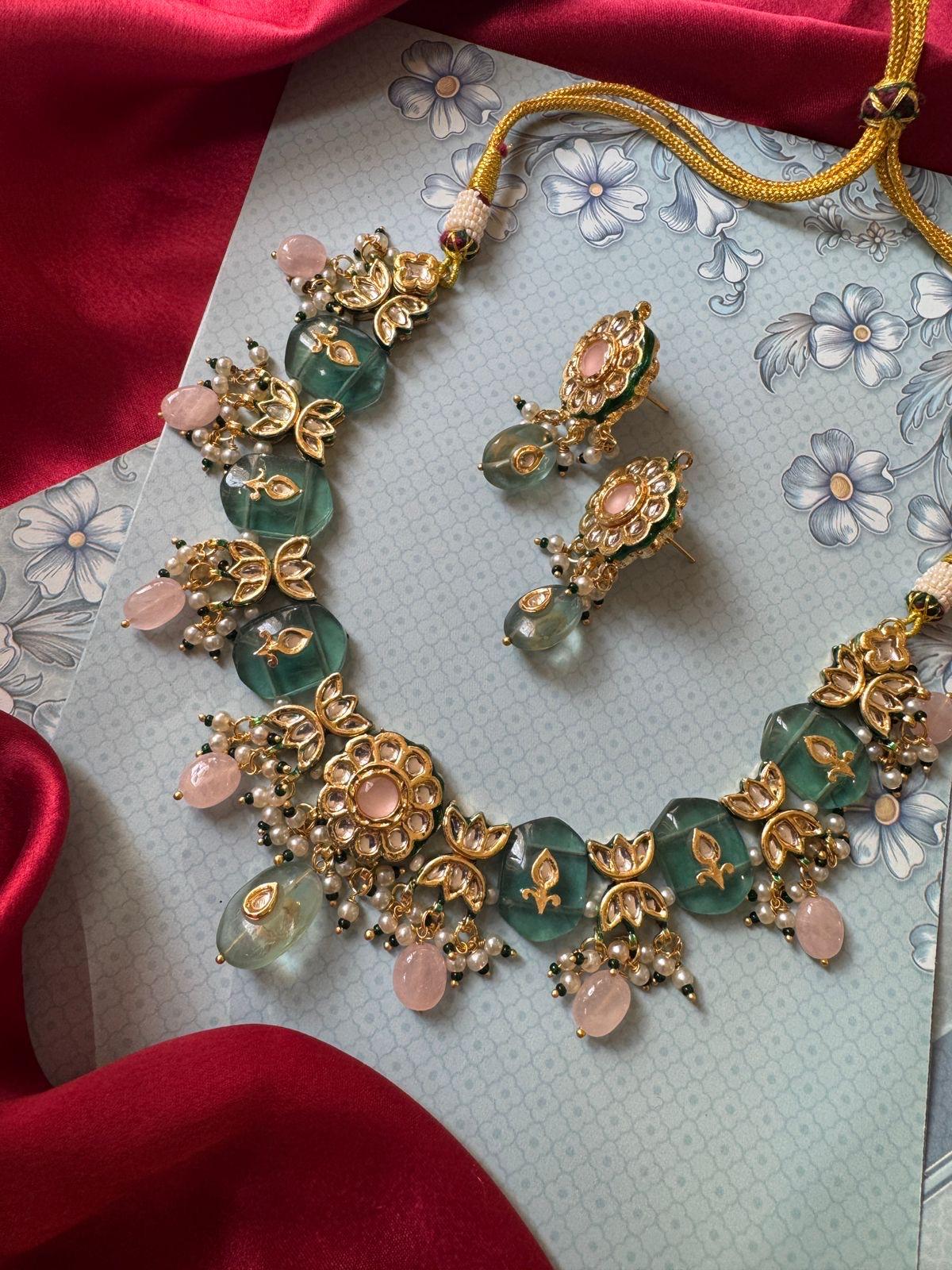 Beautiful Turquoise and Baby Pink Stones with Kundan Set - DBS-ST001