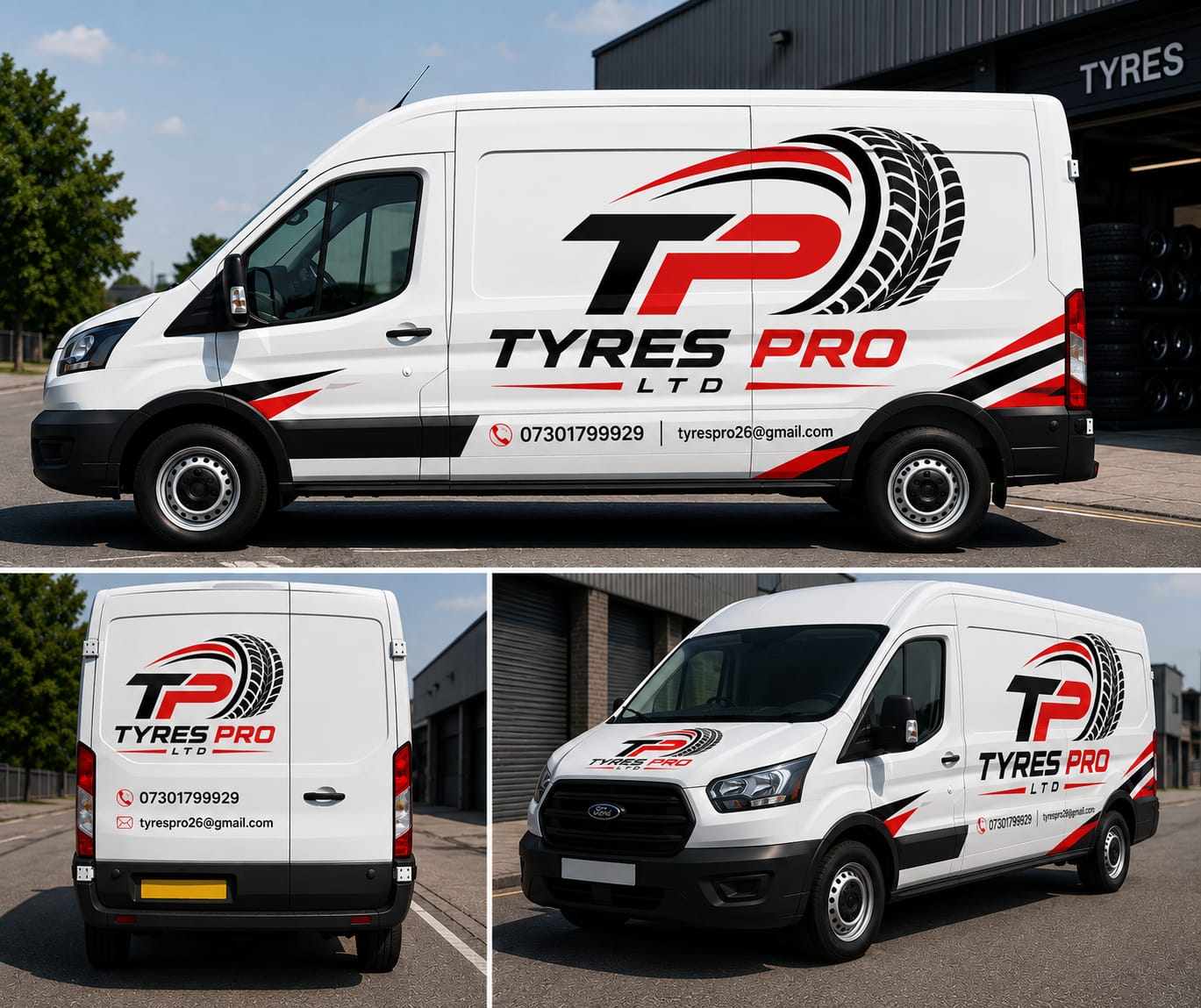 TyresPro Ltd mobile tyre fitting vans — front, side and rear branded views