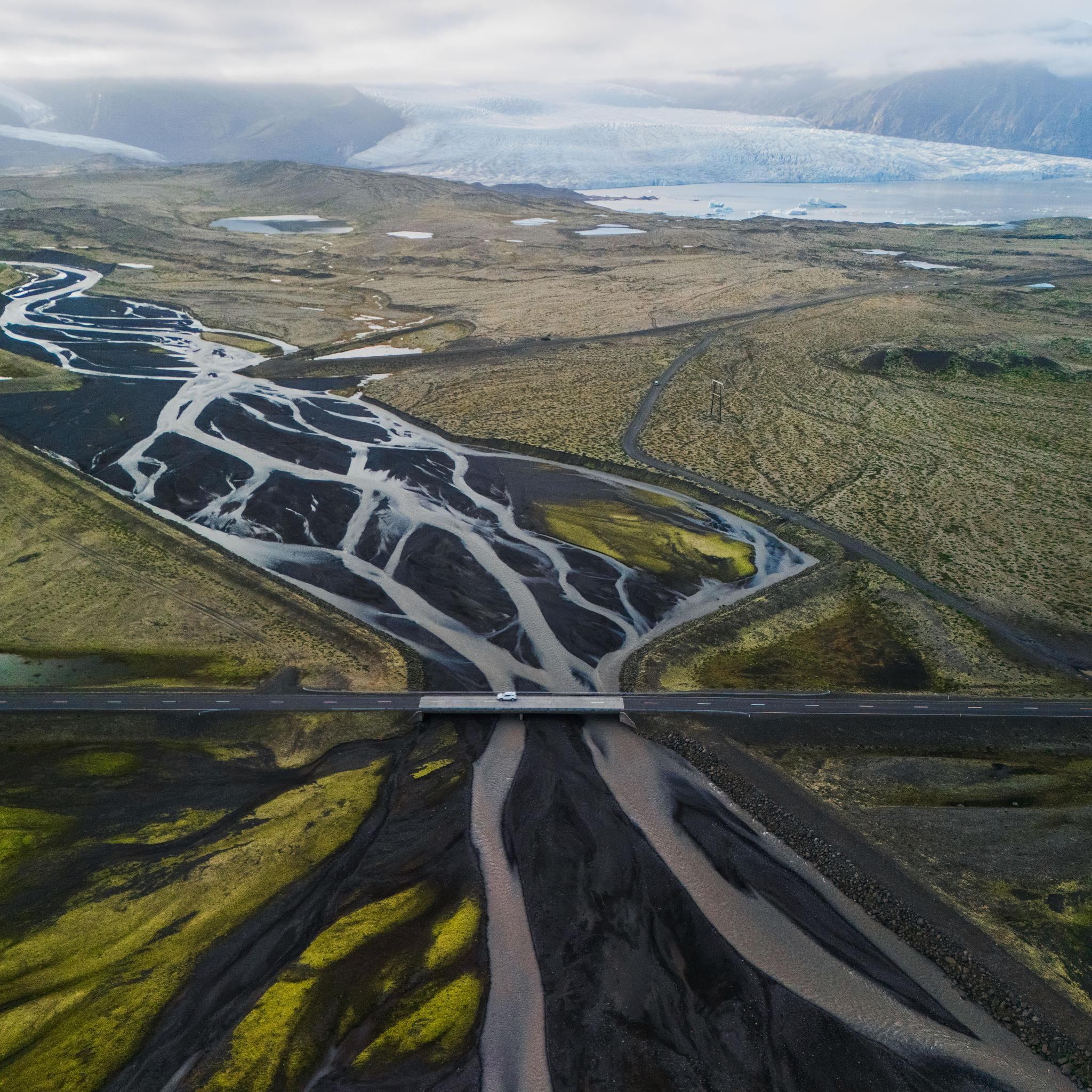 Aerial view of a glacier river braid in Iceland