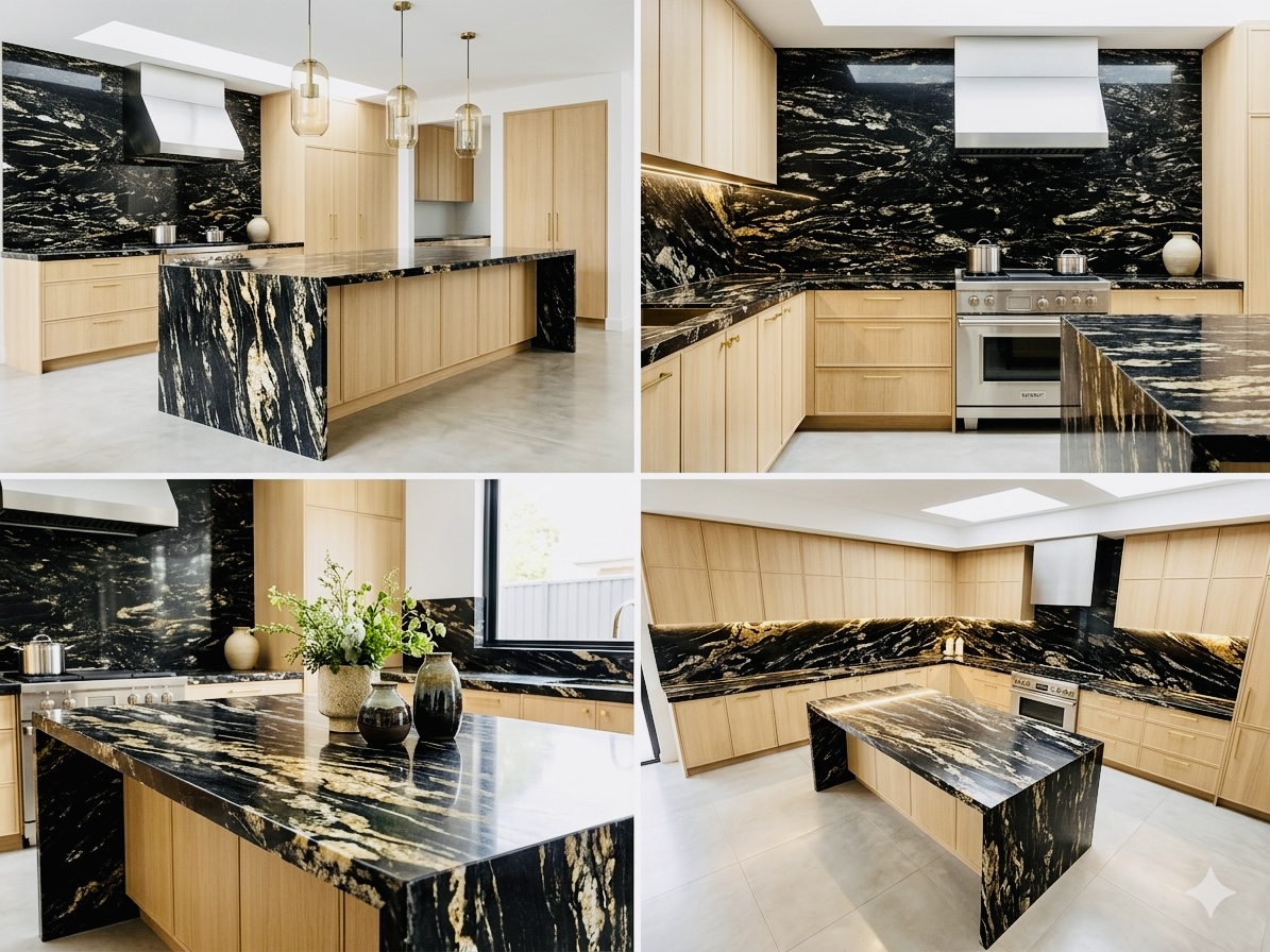 Contemporary Wave Black Granite Kitchen