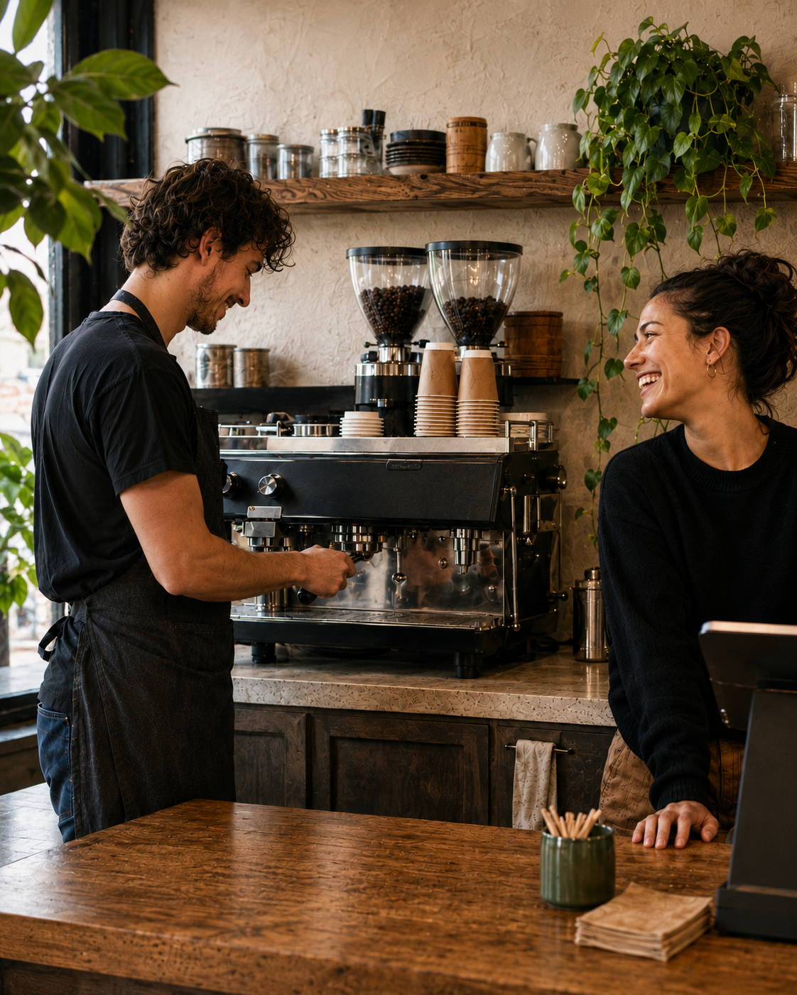 A café barista and team member laughing together at the counter, surrounded by compostable cups and warm timber fittings