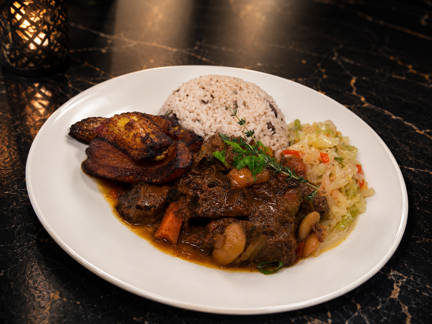 Empire Jamaica Fusion braised oxtail in rich gravy with butter beans, rice and peas