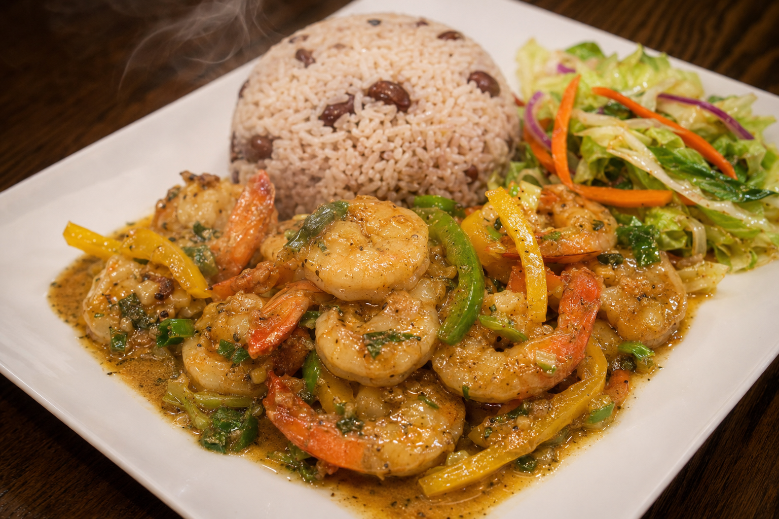 Garlic shrimp plated for a private dining course