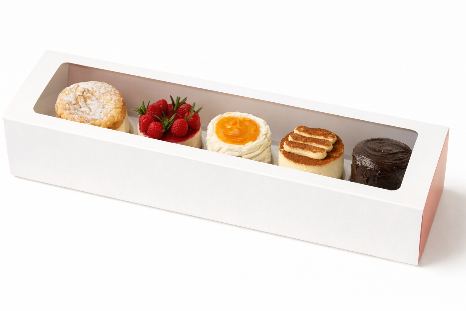 Cake World sample box with five mini cakes