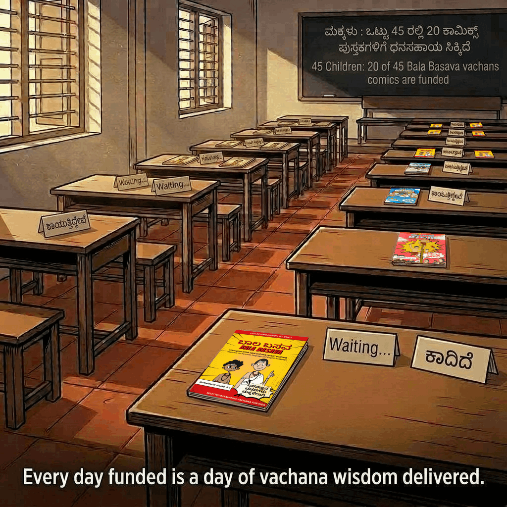 A Karnataka classroom with desks awaiting Bala Basava comics — some delivered, others marked Waiting / ಕಾದಿದೆ.