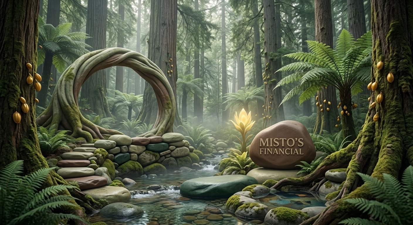 A misty redwood forest with a stone engraved Misto's Financial and a glowing golden sprout