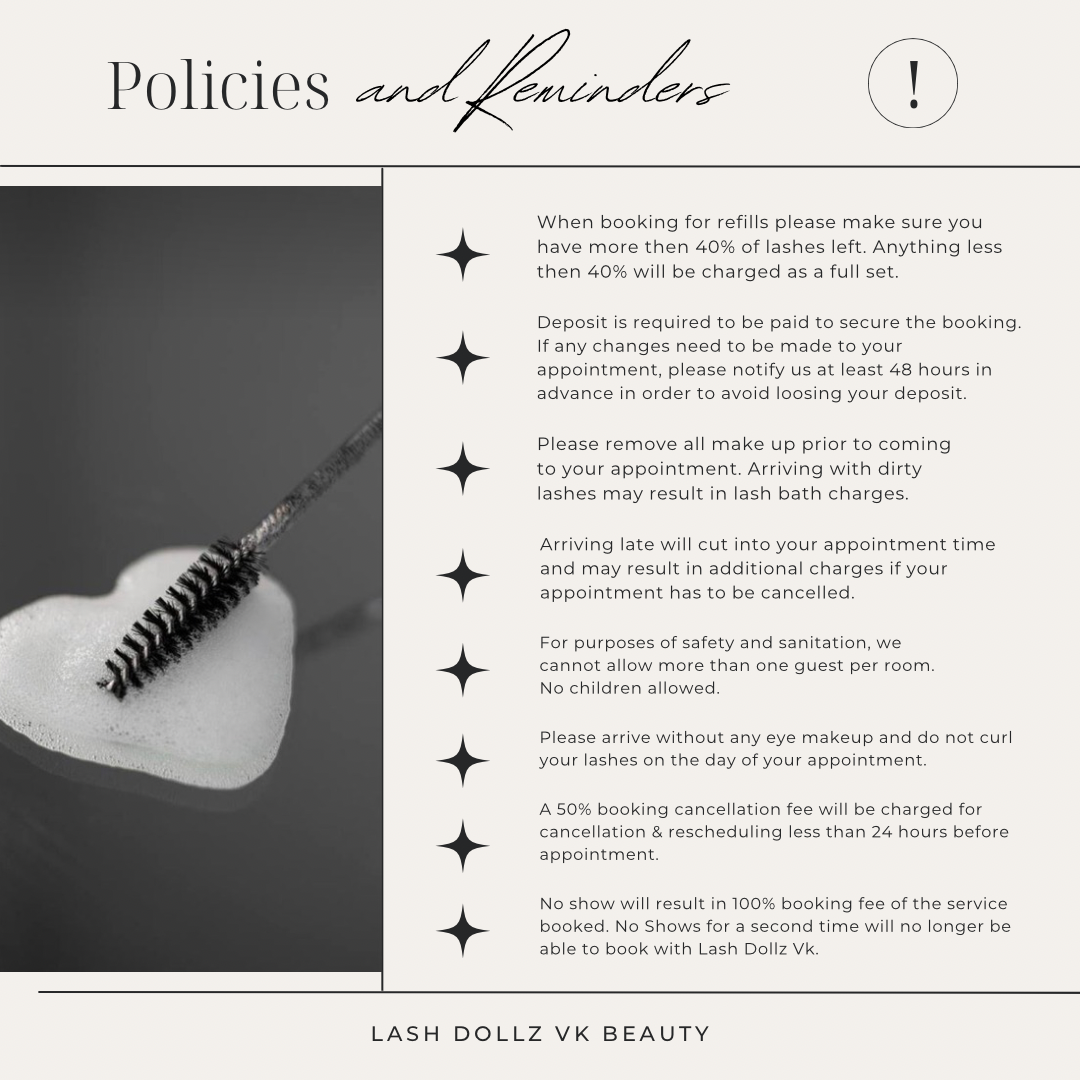 Lash Dollz Vk Beauty policies and reminders graphic