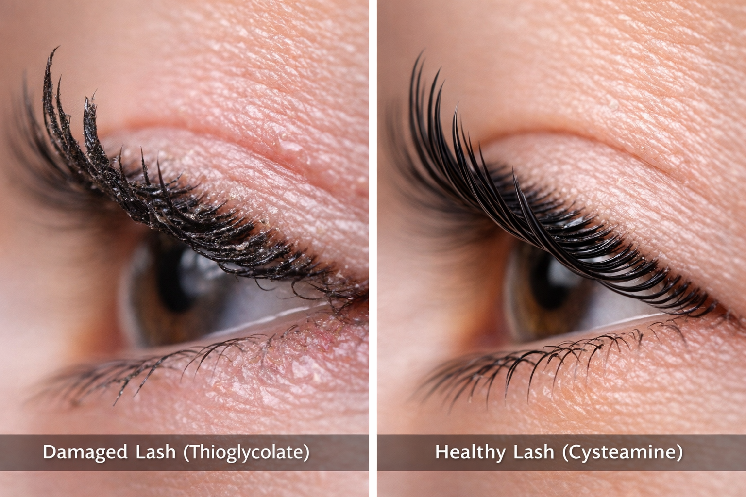 Comparison of damaged lash from overprocessing vs healthy lifted eyelash