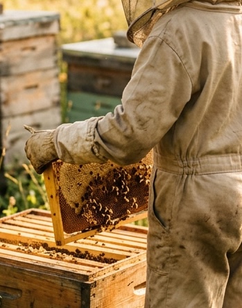 Beekeeper inspecting honeycomb