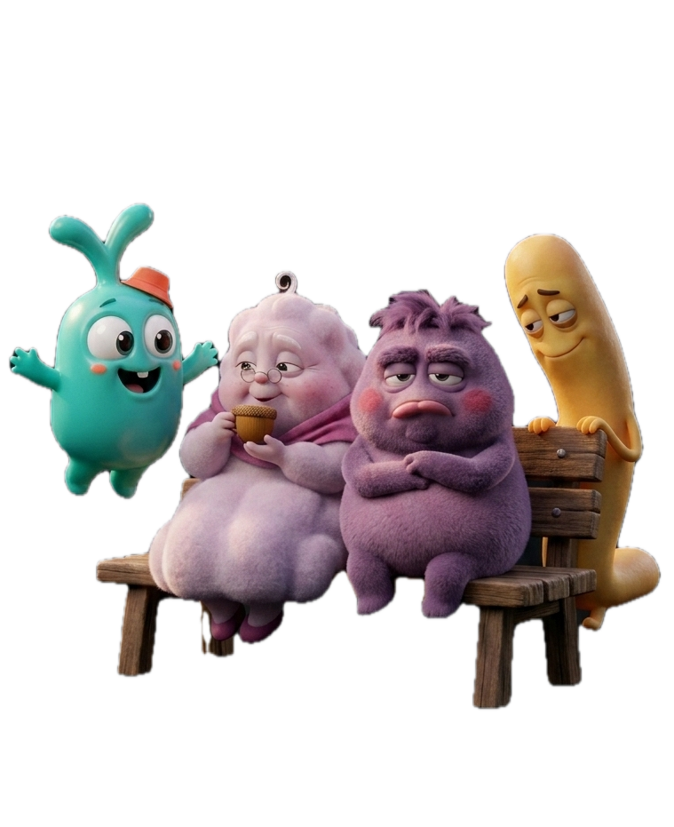 The Belly Buddies characters sitting on a bench