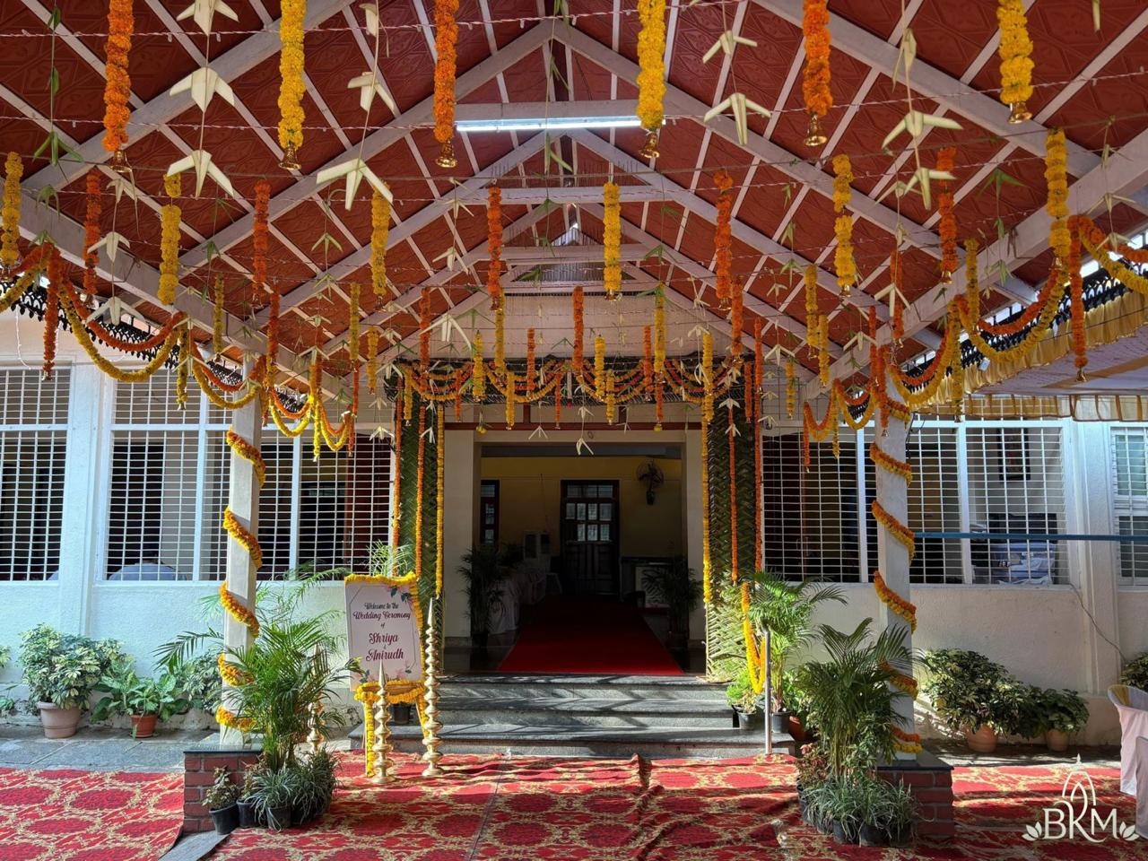 Marigold and banana-leaf decorated entrance hallway