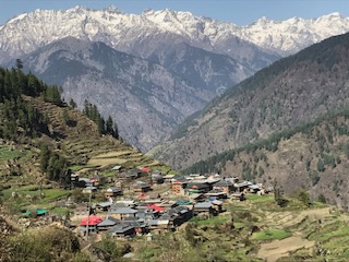 Himalayan Village with Snow Peaks