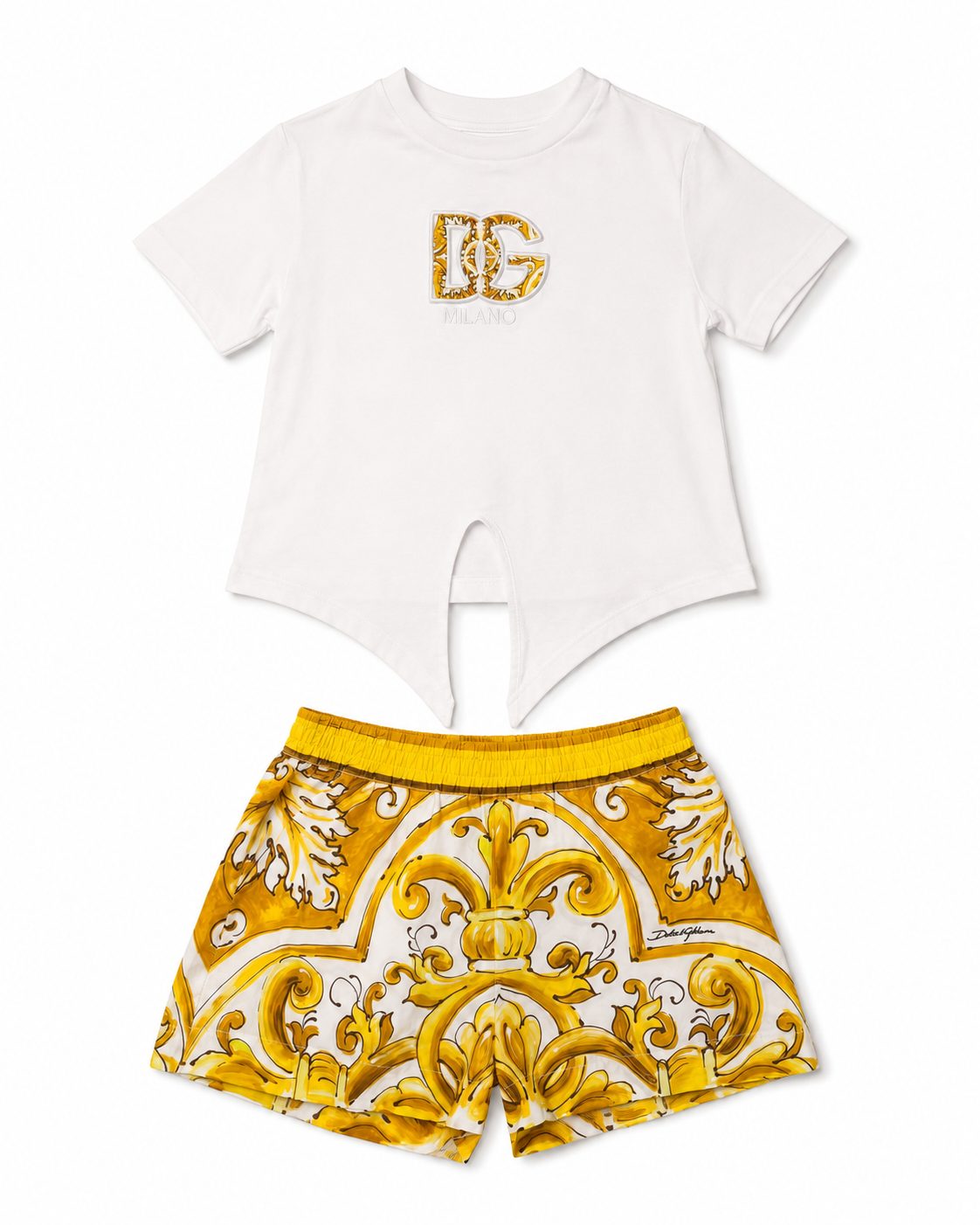 Dolce & Gabbana Milano Girls White Tie-Front T-Shirt & Yellow Printed Shorts Set