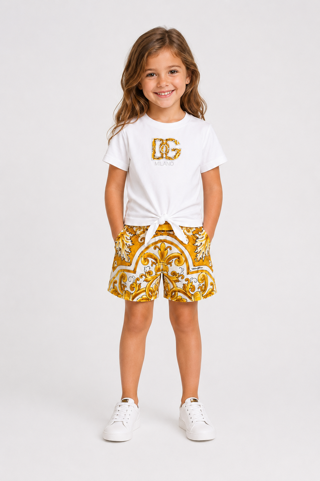 Dolce & Gabbana Milano Girls White Tie-Front T-Shirt & Yellow Printed Shorts Set thumb 2