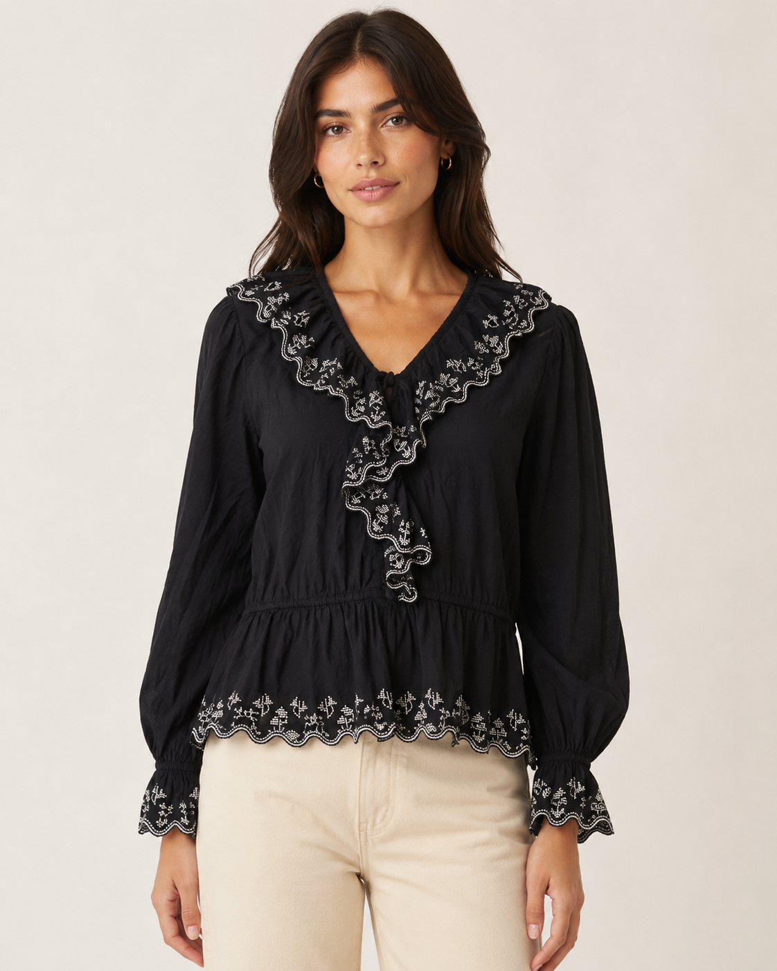 Zara Black Embroidered Ruffle Blouse thumb 2