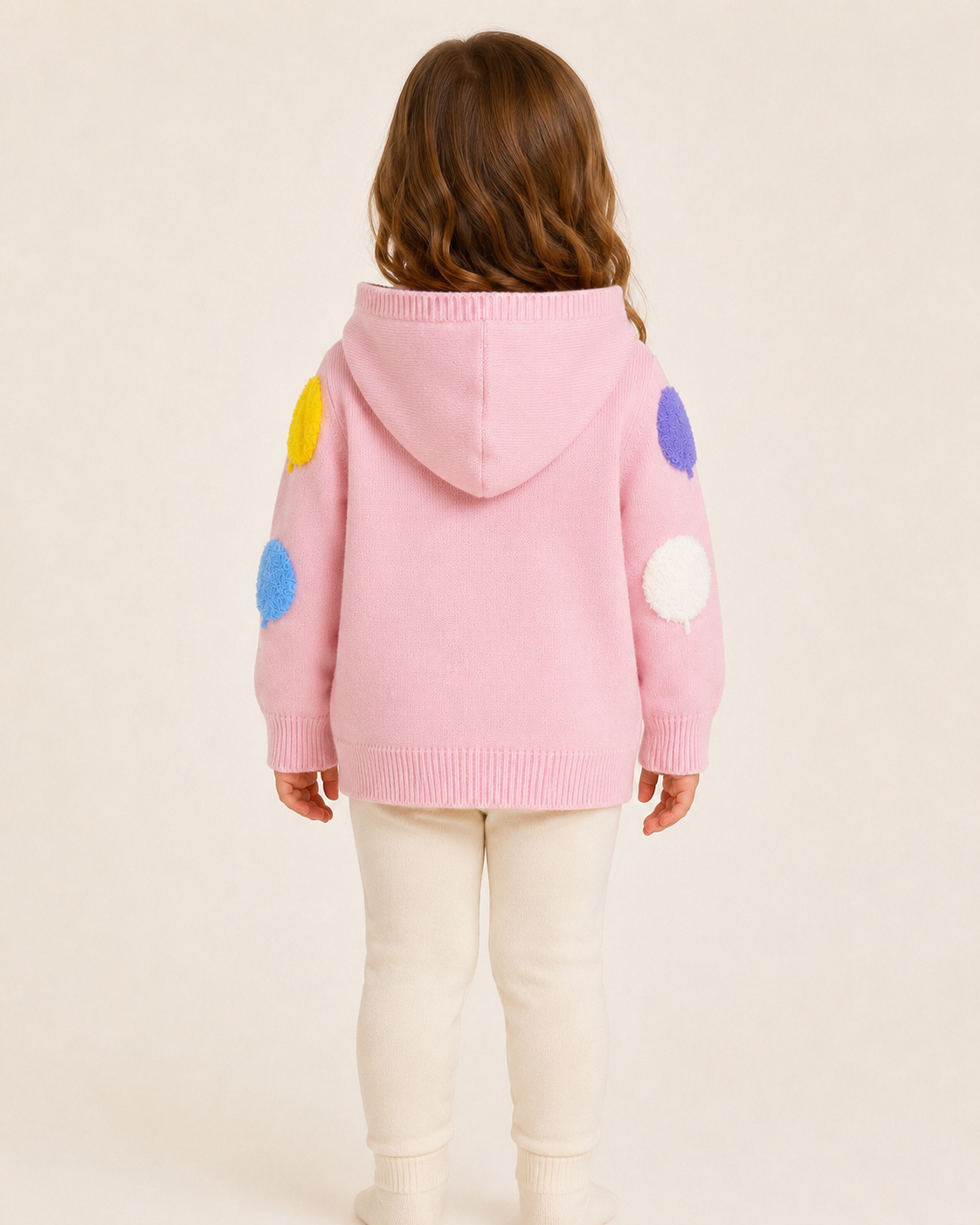 Girls Pink Hooded Knit Cardigan with Colorful Balloon Appliqués thumb 3