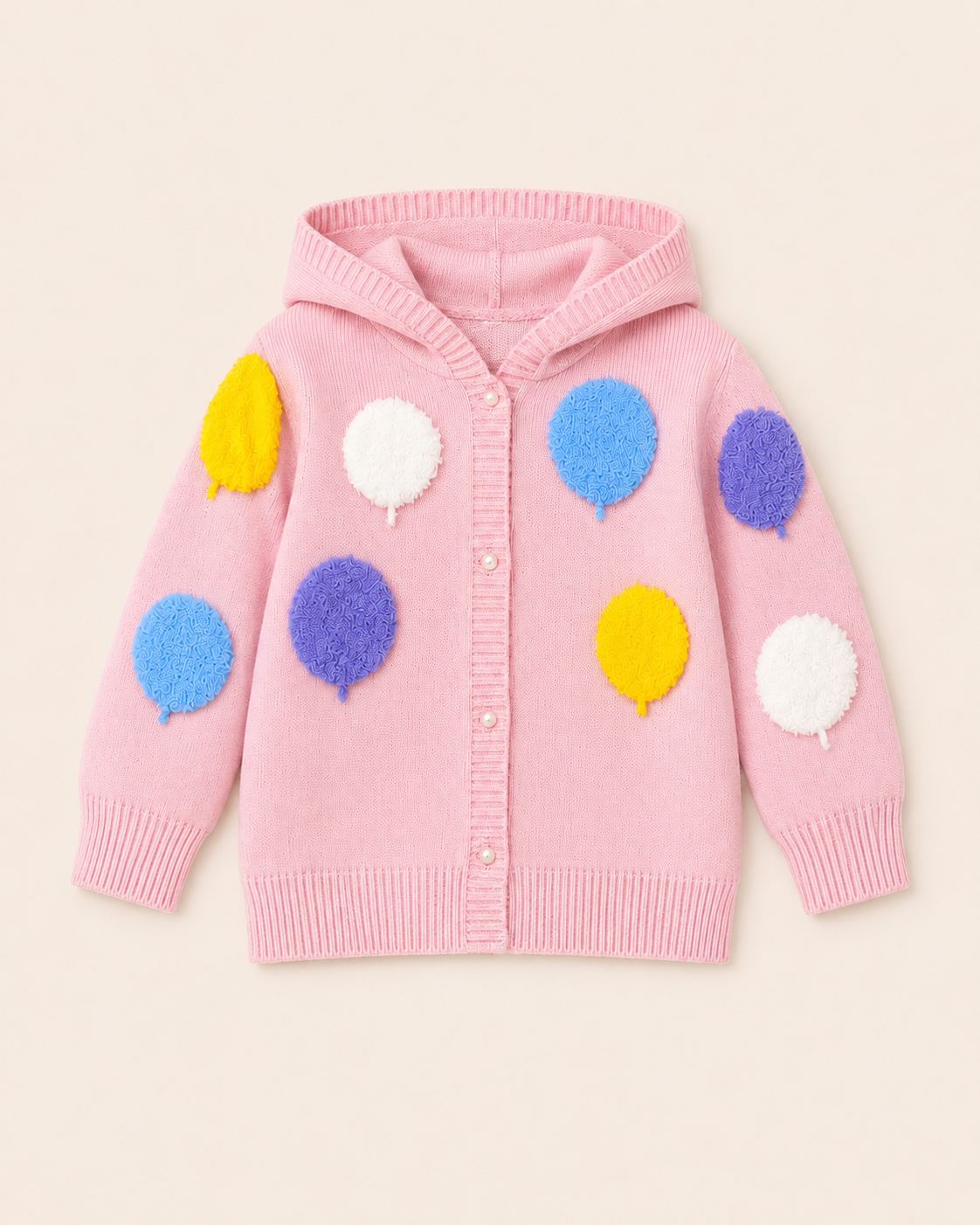 Girls Pink Hooded Knit Cardigan with Colorful Balloon Appliqués