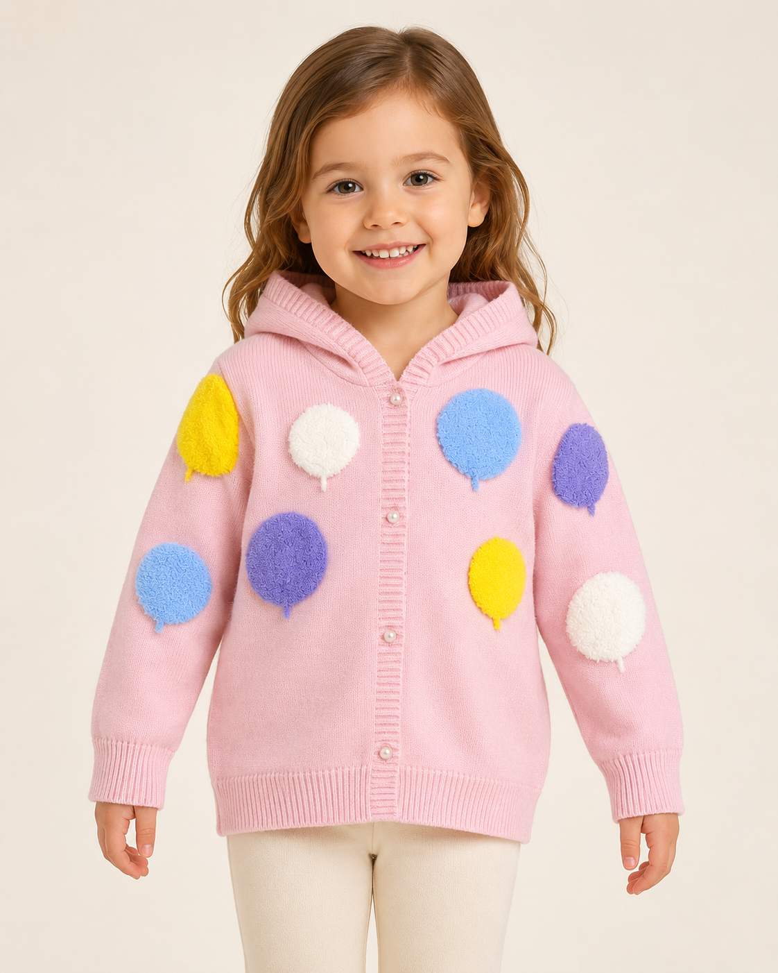 Girls Pink Hooded Knit Cardigan with Colorful Balloon Appliqués thumb 2