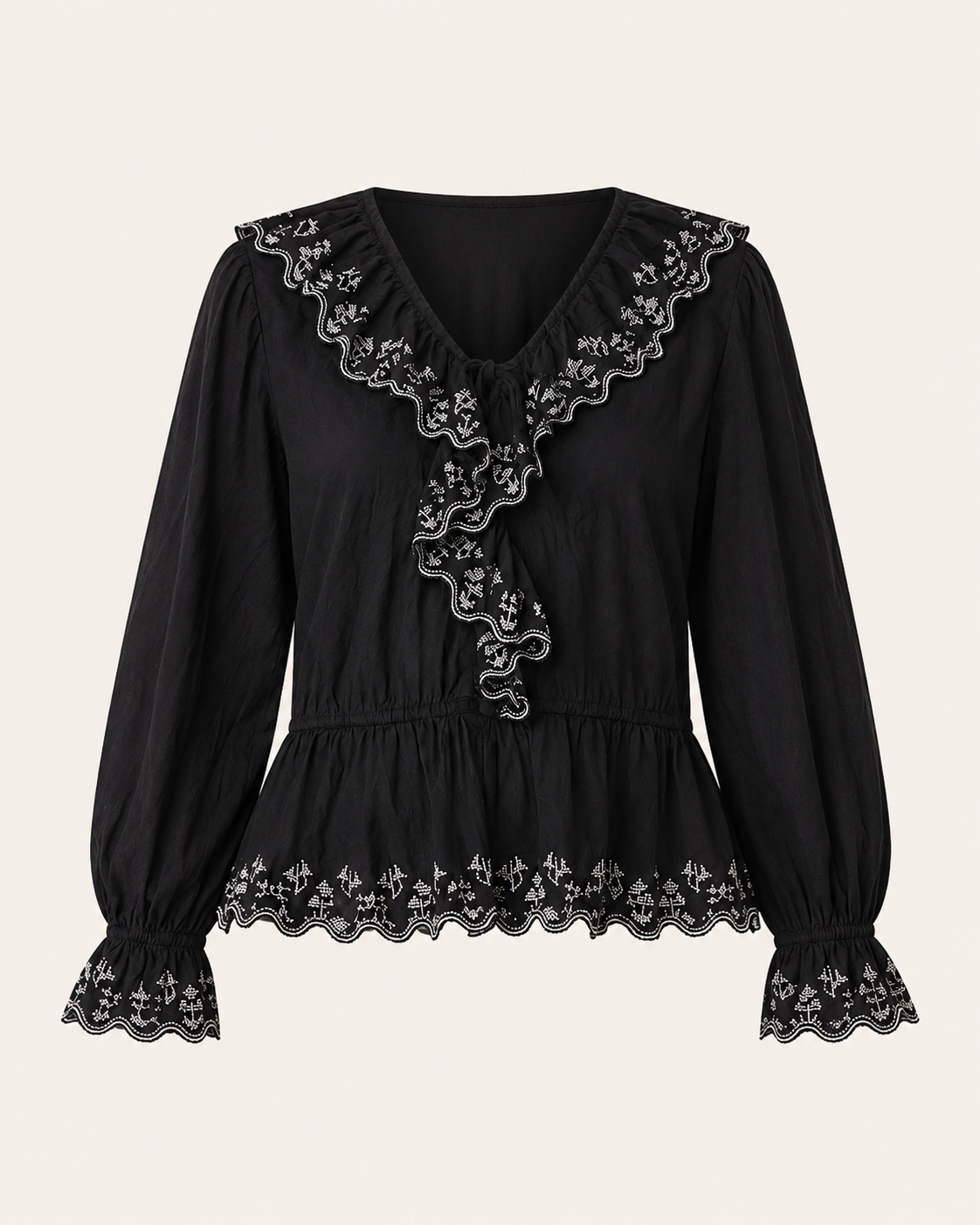 Zara Black Embroidered Ruffle Blouse