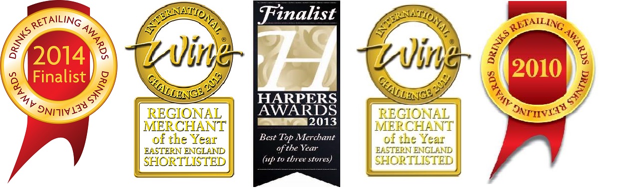 Award badges: Drinks Retailing Awards 2014 Finalist and 2010, International Wine Challenge 2012 and 2013 Regional Merchant Shortlisted, and Harpers Awards 2013 Finalist