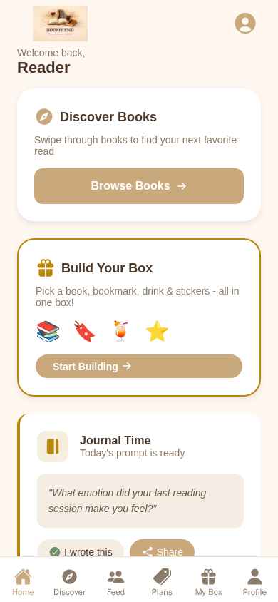 BookBlend home screen — Discover Books, Build Your Box, Journal Time