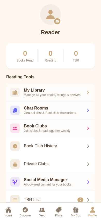 BookBlend reader profile — clubs, chat, social media manager