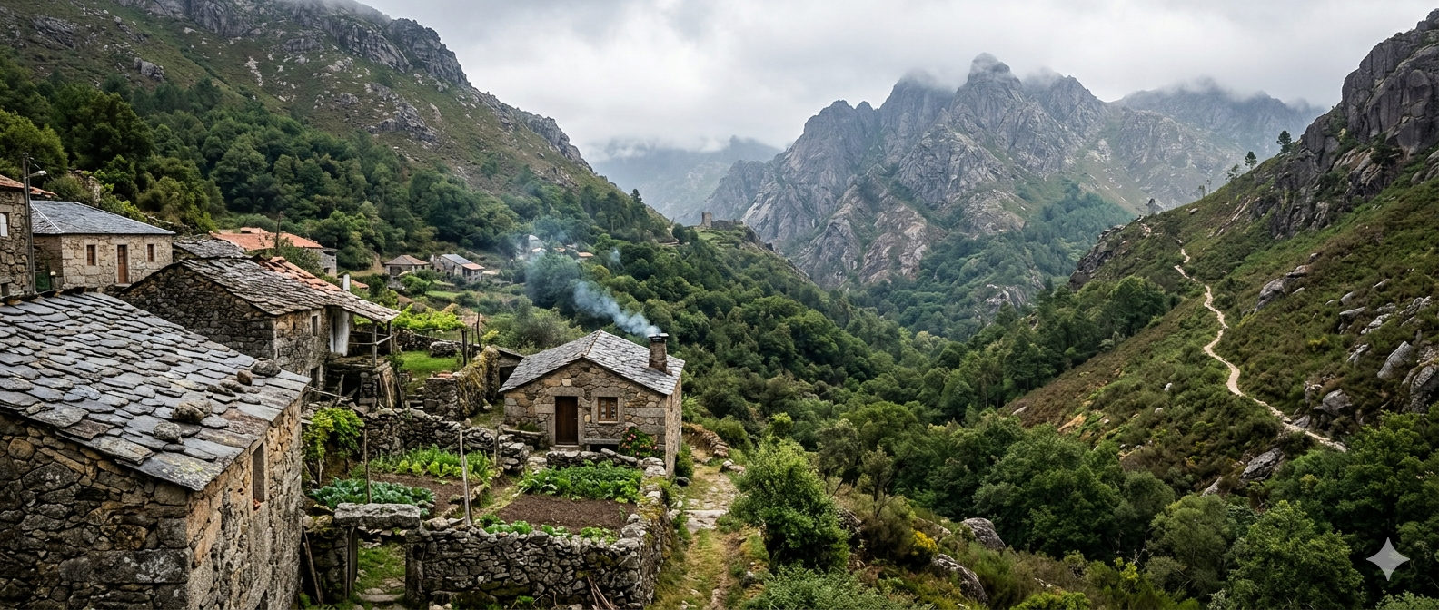 Aldeia de pedra entre montanhas em Portugal
