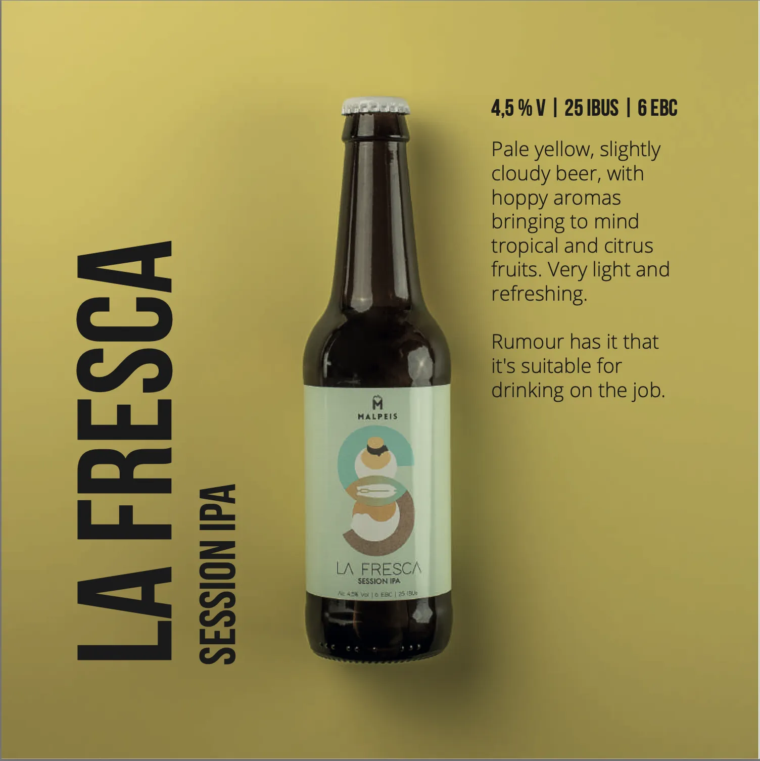 La Fresca Session IPA Session IPA af Malpeis — 4.5% ABV | 6 EBC | 25 IBU, brygget på Lanzarote. Fås hos Brunchi.shop Playa Blanca