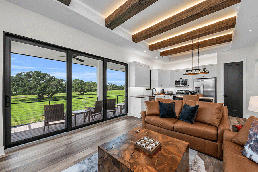 Luxury Living Room with Wood Beam Ceiling