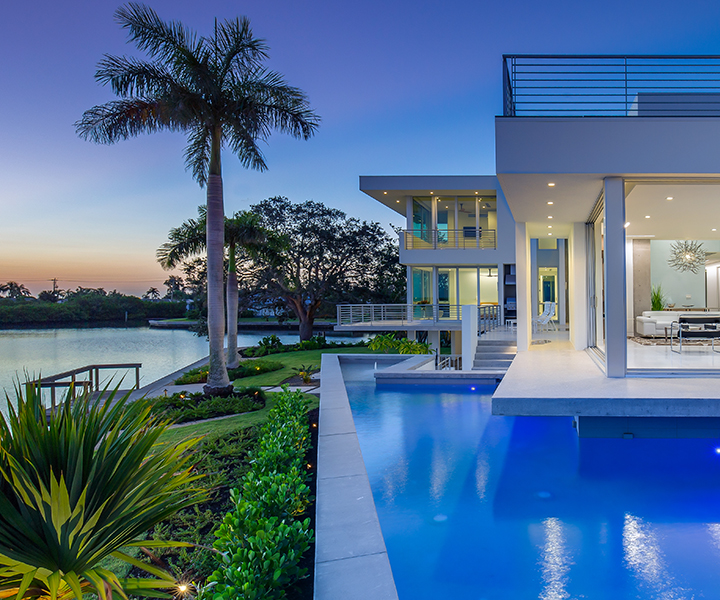 Waterfront Estate at Dusk