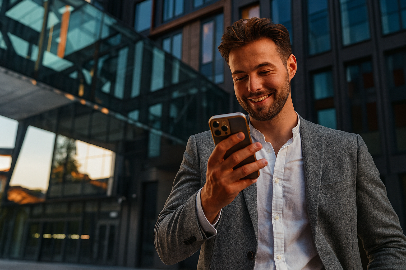 Businessman using smartphone in modern business district