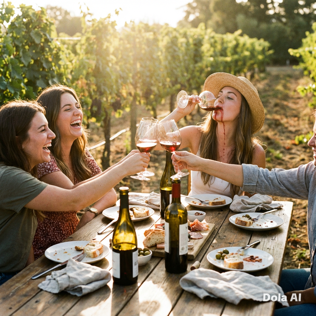 Friends enjoying wine together at a vineyard table