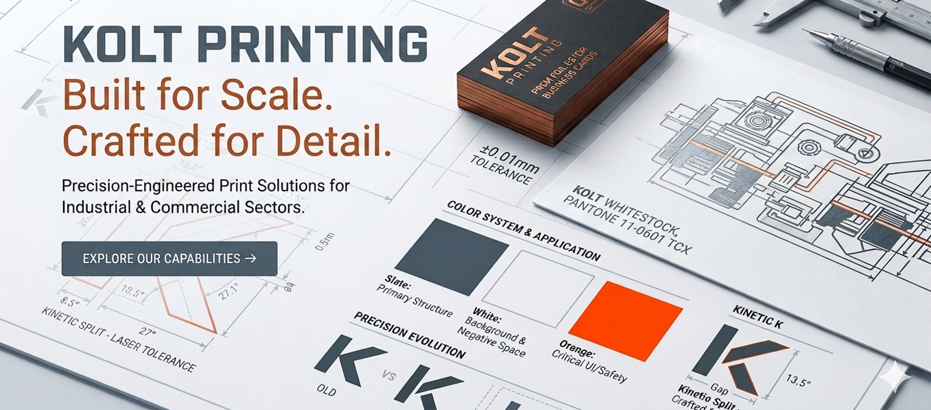 Kolt Printing — custom printing you'll actually love. Foil-stamped business cards, calipers, mechanical pencil and precision blueprint drawings on whitestock paper.
