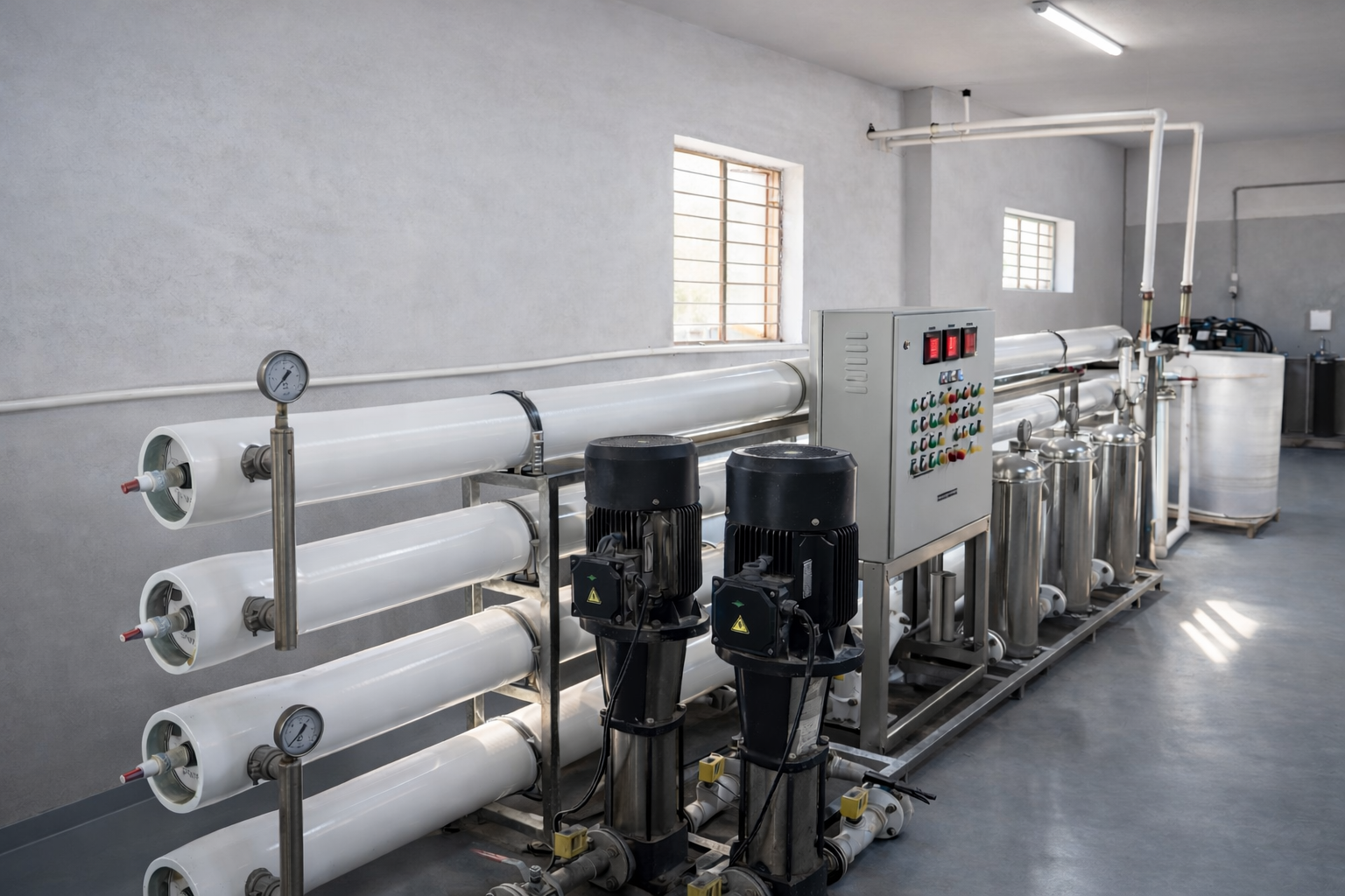 Reverse Osmosis water purification plant at Bluback Denim facility showing white cylindrical RO membrane vessels, high-pressure pumps, control panel with digital displays, and stainless steel storage tanks for 98% water recycling