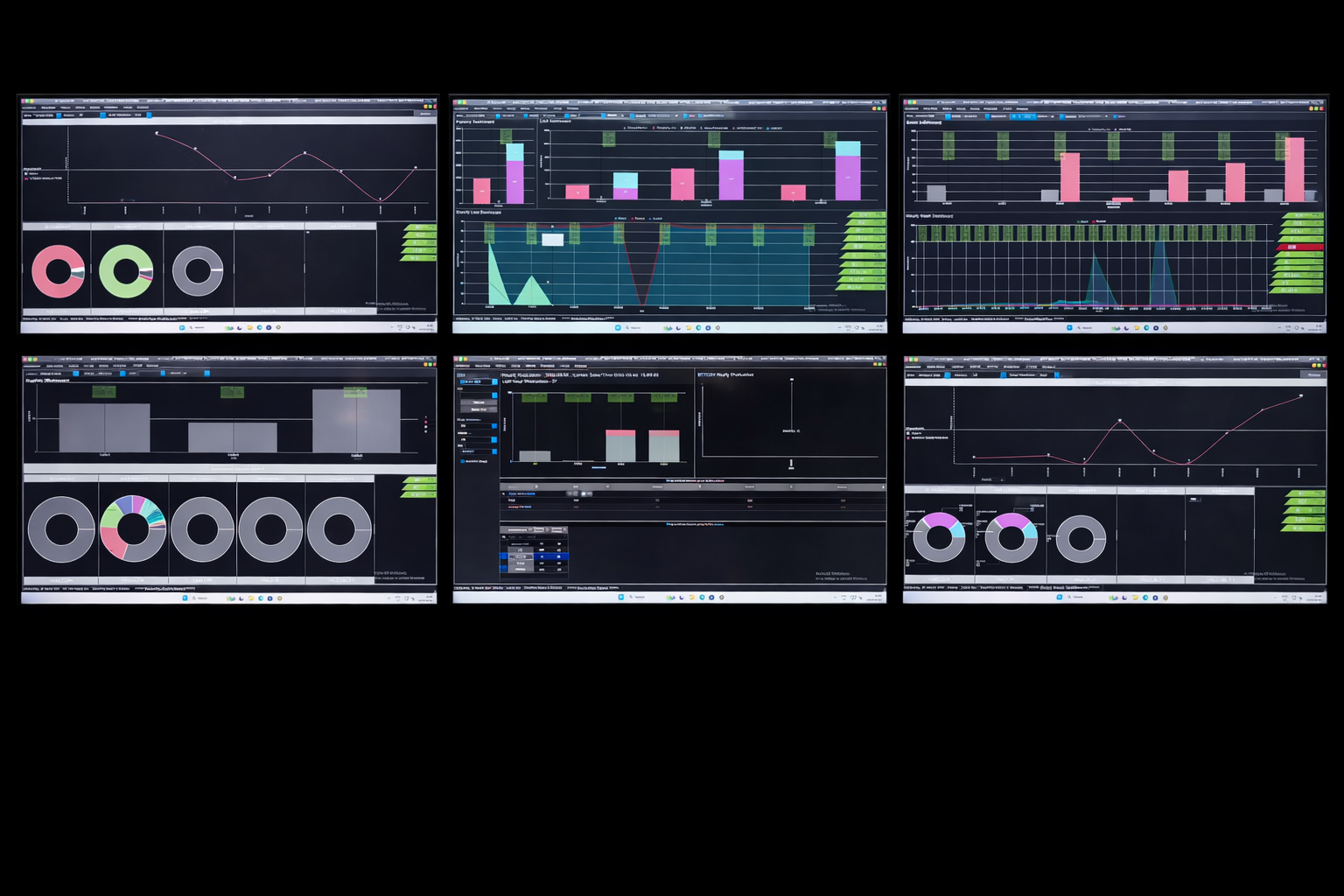 Bluback Denim live production dashboard showing 6 real-time analytics screens with production metrics, efficiency charts, capacity monitoring, and performance KPIs