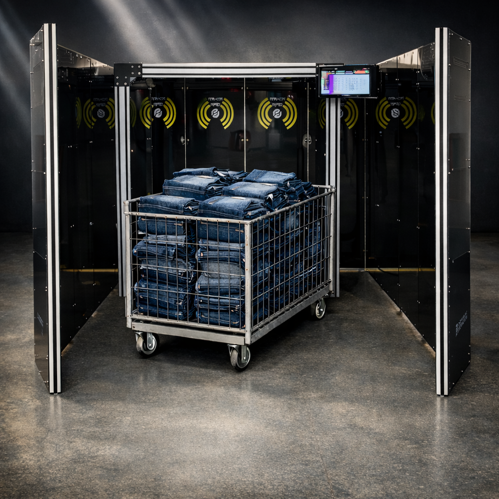 RFID tunnel scanner with cart of folded denim jeans passing through automated tracking gateway with yellow signal indicators at Bluback Denim facility