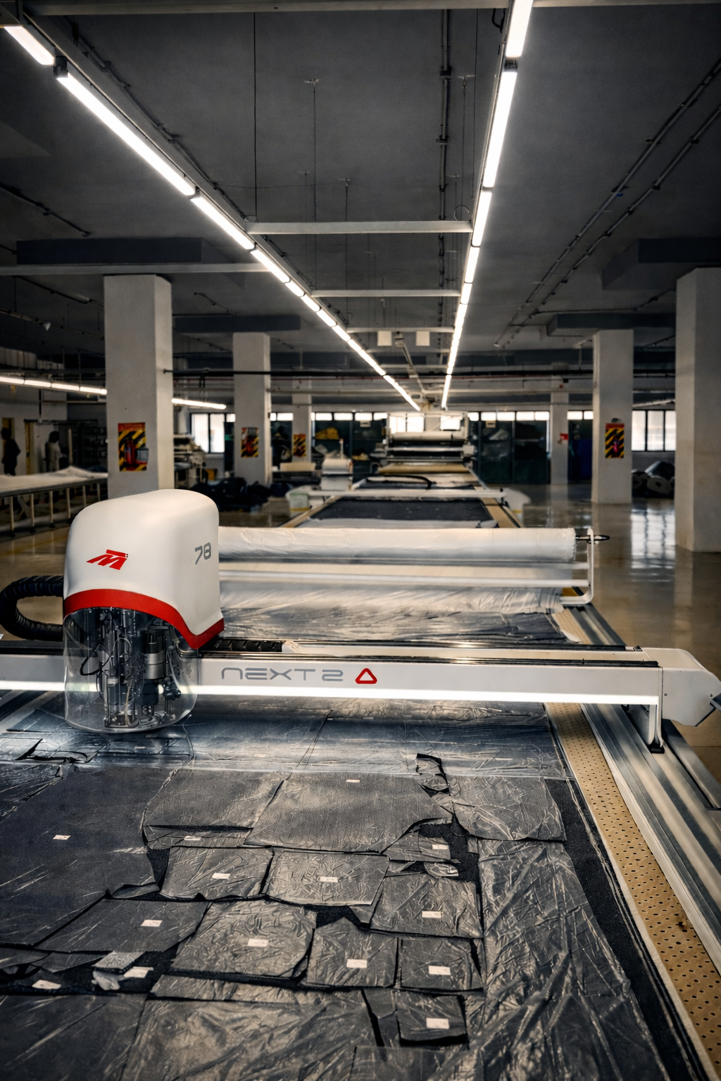 Morgan Tecnica NEXT 2 automated fabric cutting machine at Bluback Denim cutting department for precision denim pattern cutting