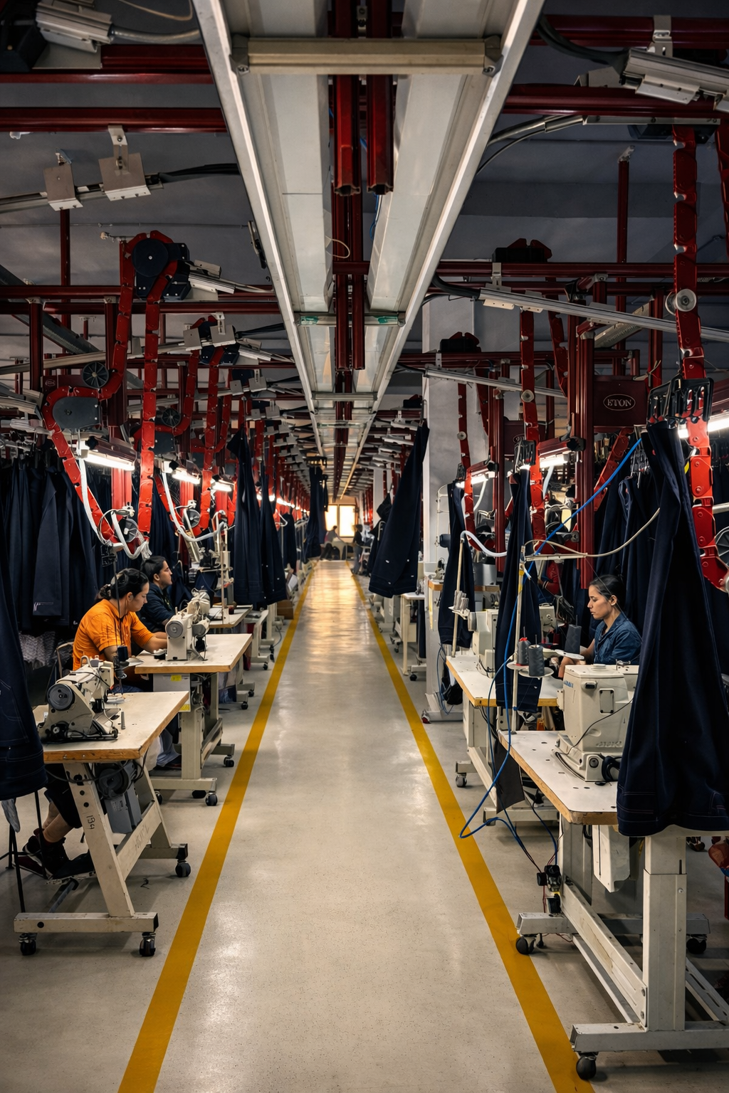 Bluback Denim production floor with ETON overhead conveyor system, sewing stations, and skilled workers manufacturing denim garments