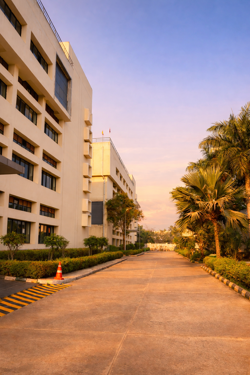Bluback Denim 6-acre smart manufacturing campus in Dodballapur, Karnataka at sunset showing multi-story production buildings with landscaped grounds and palm trees
