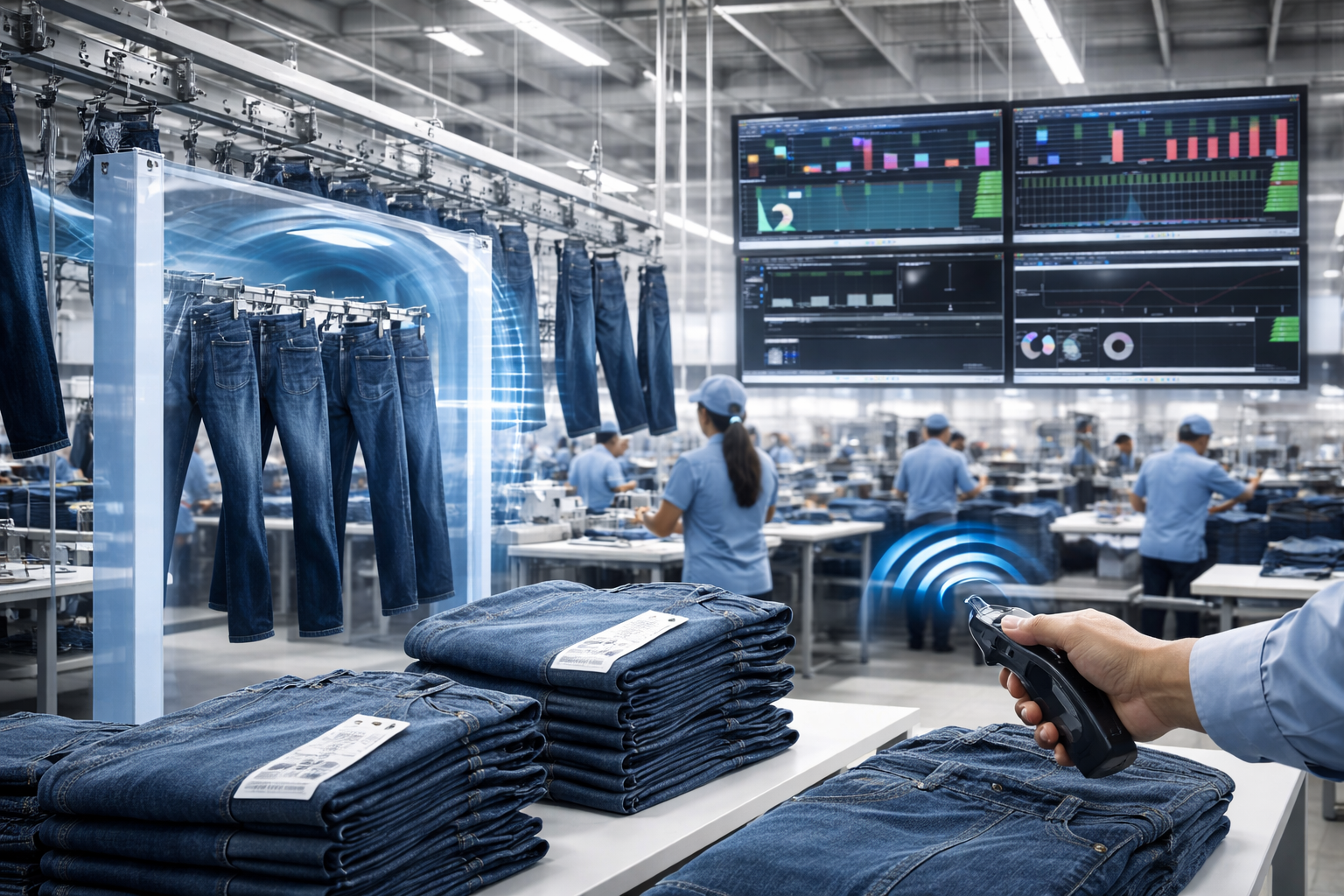 Bluback Denim RFID tracking system showing handheld scanner scanning denim jeans with RFID tags, automated garment conveyor with tunnel scanner, and real-time production analytics dashboards