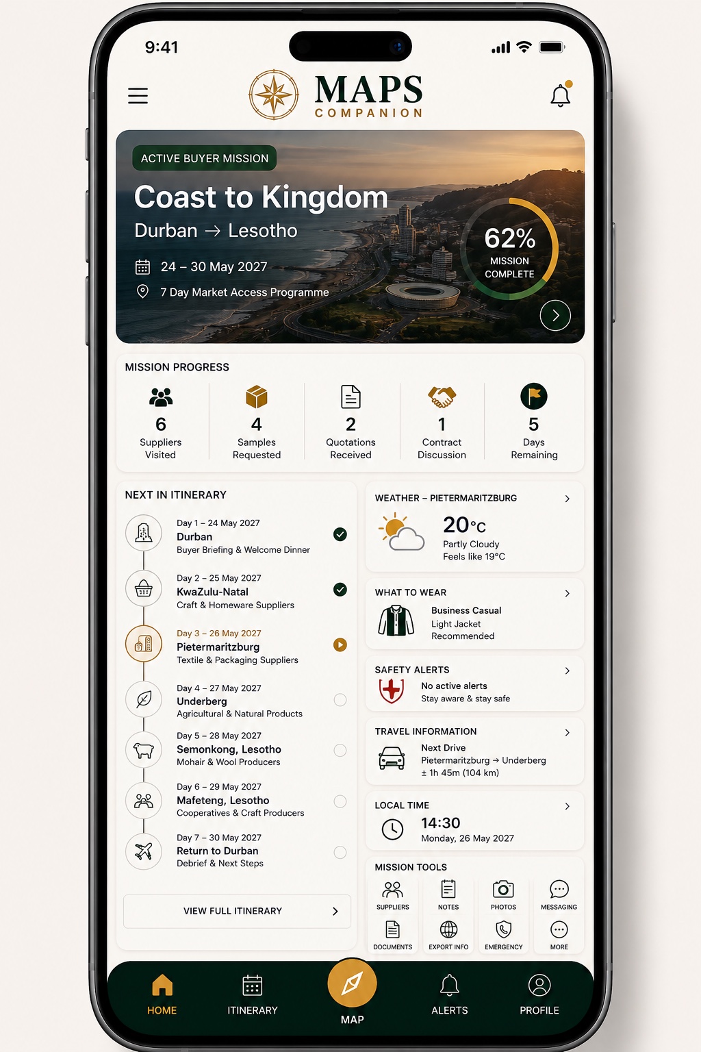 MAPS Navigator — Coast to Kingdom active mission showing itinerary, weather, safety alerts, and sourcing tracker