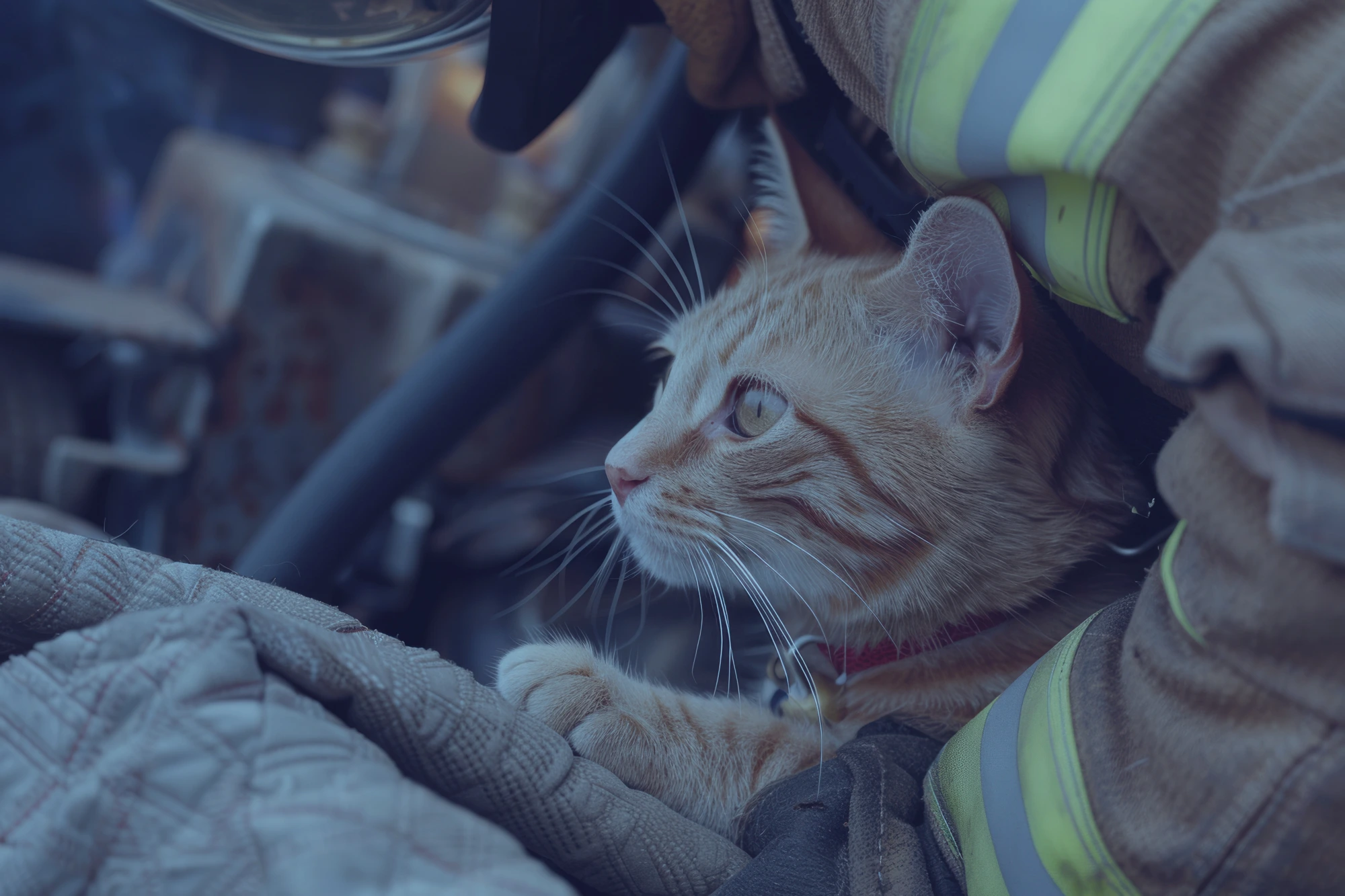 Gato rescatado en brazos de un bombero durante una emergencia