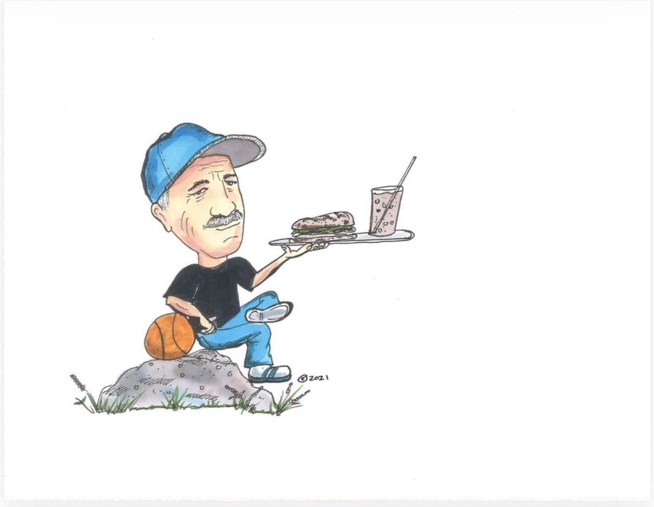 Caricature of Tony serving a sandwich and drink